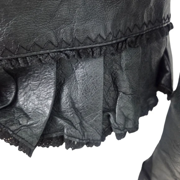Vintage Y2K Black Leather Jacket Womens Small Ruffle Whimsygoth Romance Coquette - Picture 7 of 12